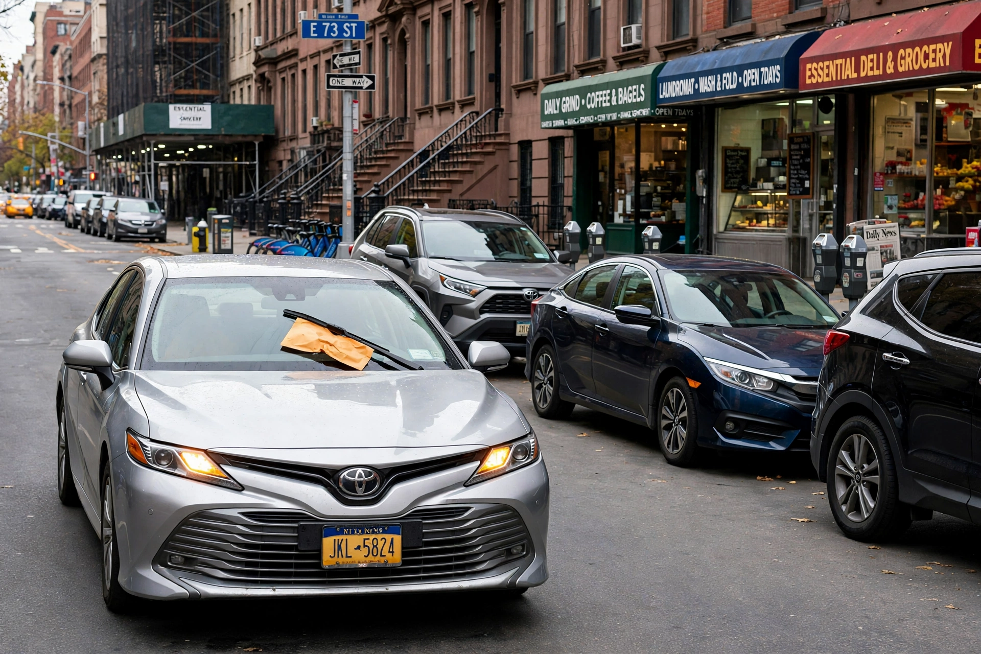 Double-parked car with an orange parking ticket on its windshield alongside a row of parked cars in NYC — the scene behind a double parking ticket