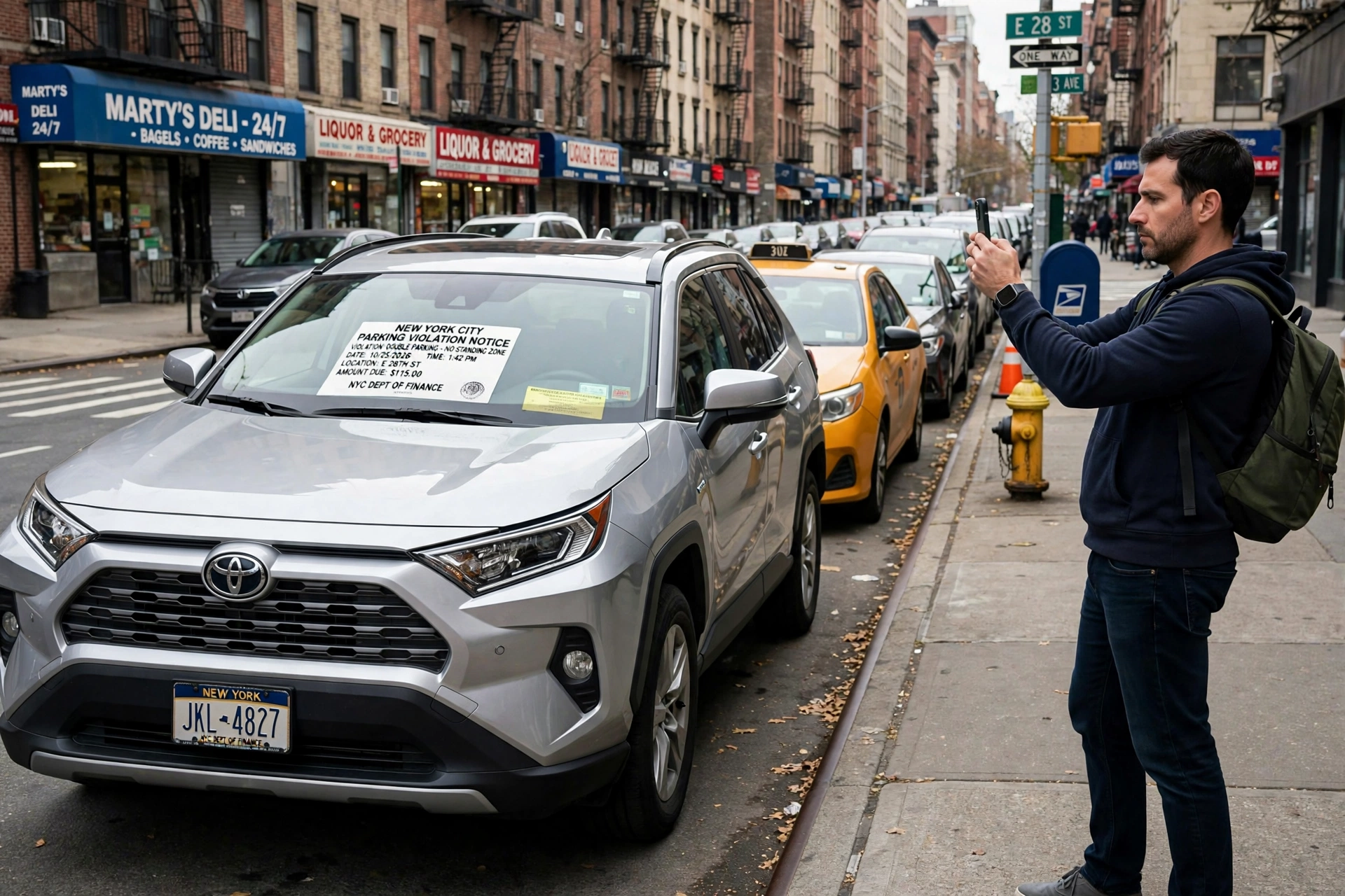 Driver photographing his double-parked car, the curb, and the parked row with his phone — photo evidence for how to fight a double parking ticket in NYC