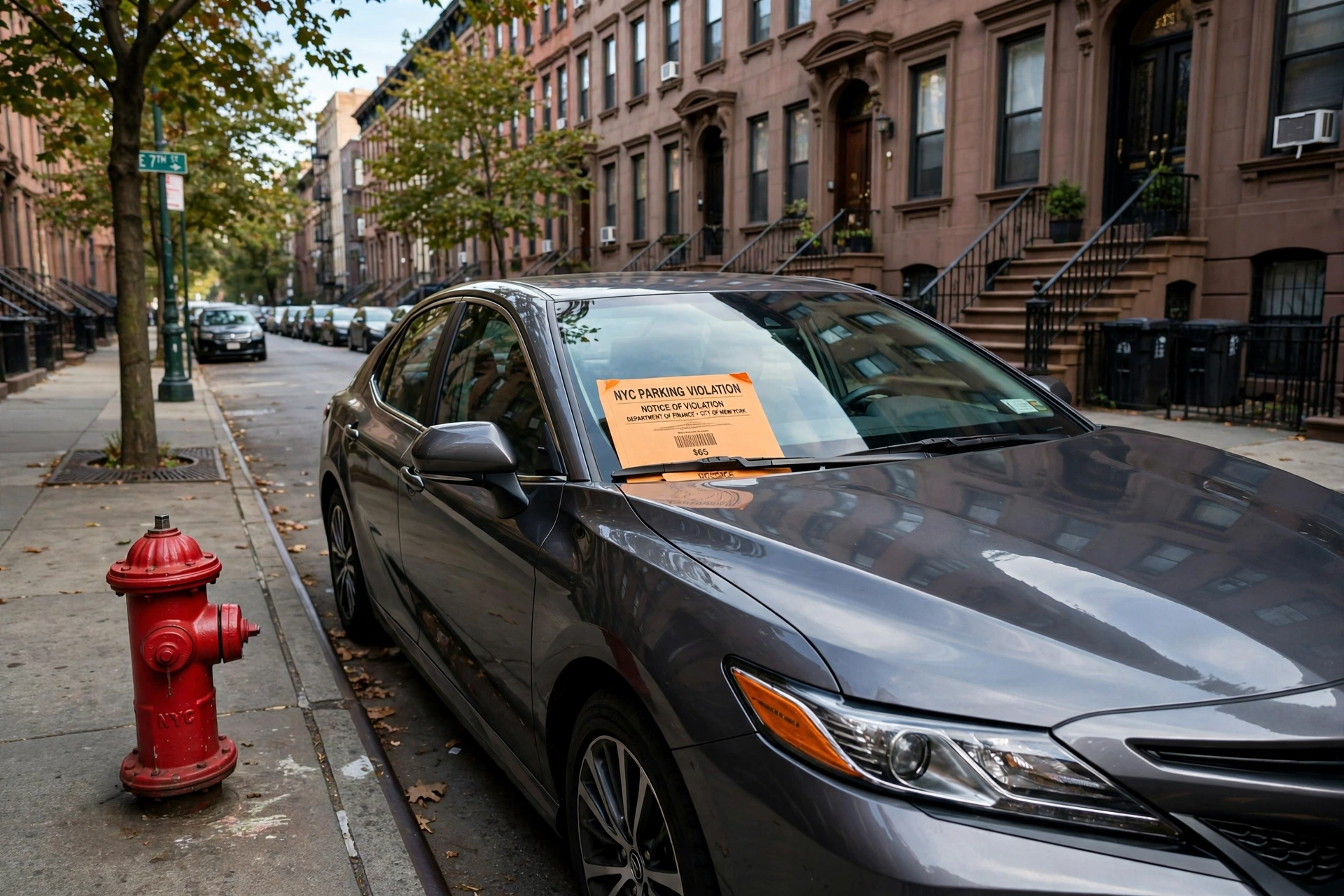 Parked car with an orange parking ticket on its windshield next to a red fire hydrant on a brownstone block — the scene behind a fire hydrant ticket in NYC