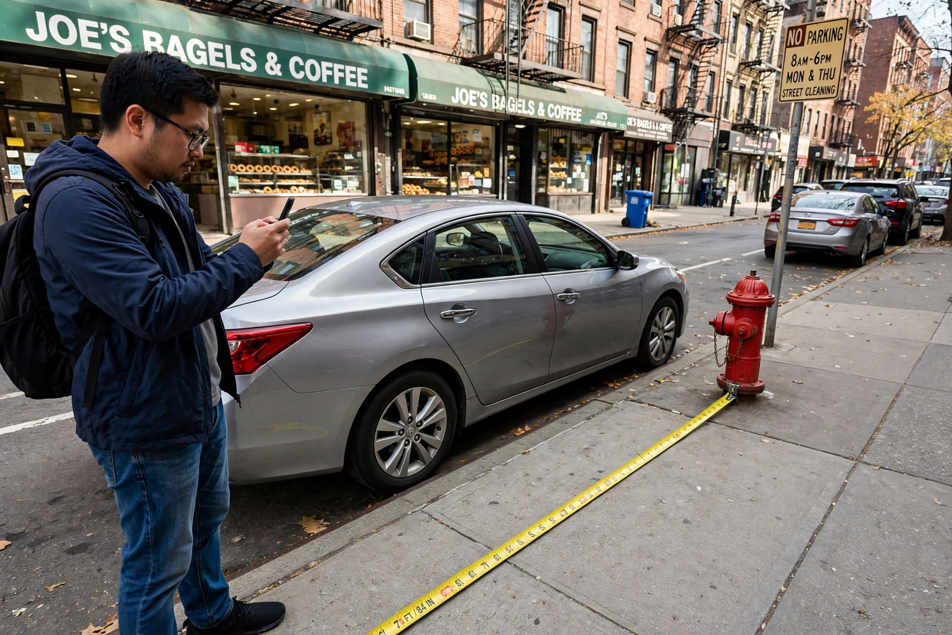 Driver photographing his parked car and a fire hydrant in one frame with a tape measure on the sidewalk — photo evidence for how to fight a fire hydrant ticket in NYC