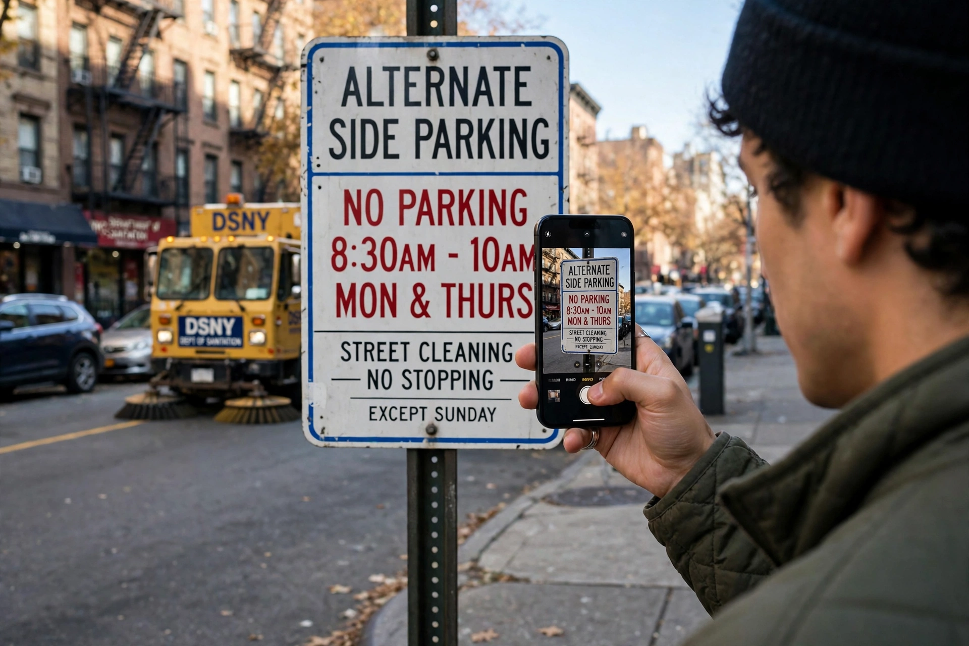 Driver photographing an alternate-side parking sign with a phone to document evidence for a street cleaning ticket dispute in NYC