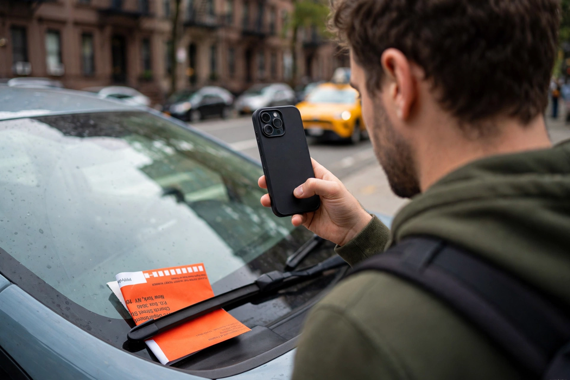 Driver photographing an NYC parking ticket on a windshield to start fighting an expired meter ticket in NYC
